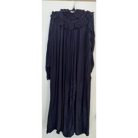 Nikki Chasin Small Sonnet Dress Ruffle Collar Cuff Eyelet Button Maxi Silky Navy - Picture 9 of 15